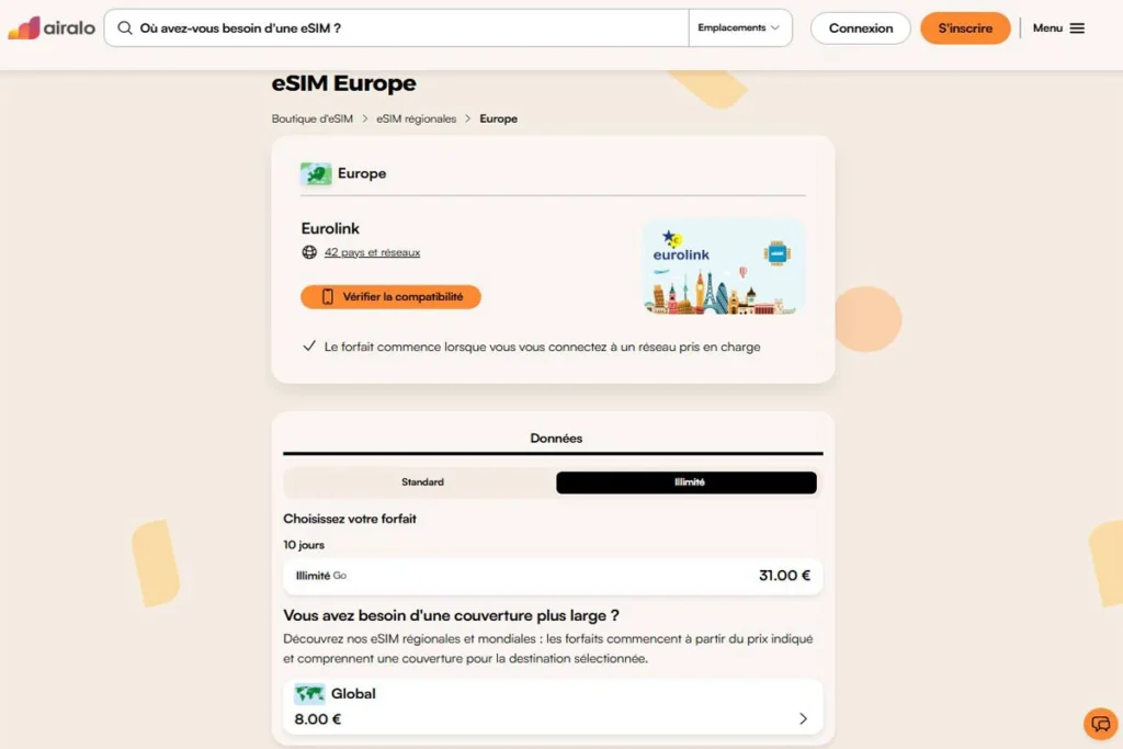 Airalo Eurolink Europe eSIM — plan details showing Unlimited tier (10 days) and 42-country coverage; review screenshot (2025 guide)