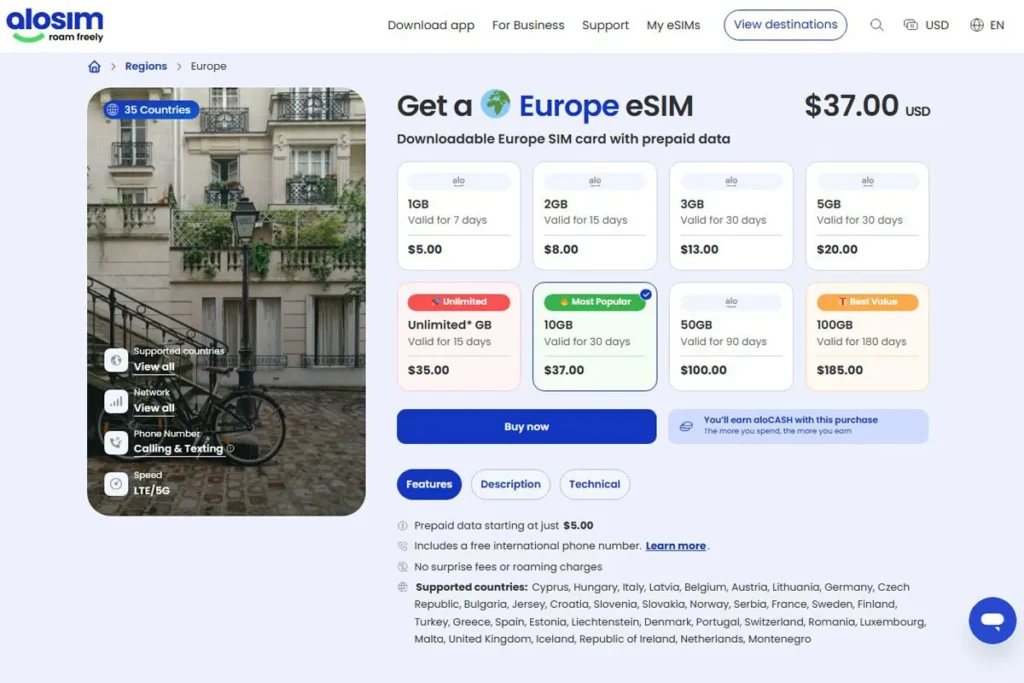 aloSIM Europe eSIM — plan grid showing 1–100 GB tiers, Unlimited* (15 days), and 10 GB “Most Popular”; LTE/5G and phone number note; review screenshot (2025 guide)
