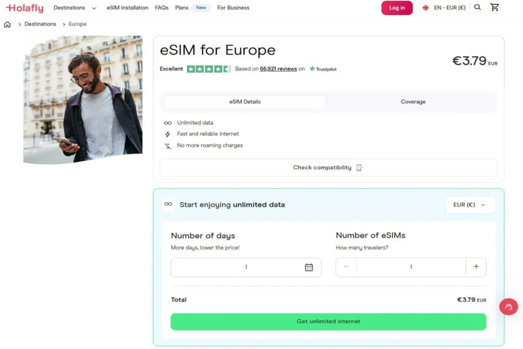 Holafly Europe eSIM — Unlimited data plan setup screen (days/esims selector); review screenshot (2025 guide)