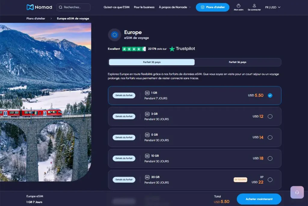 Nomad Europe eSIM — plan list showing 5G tiers (1–3–5–10–20 GB) with 7–30 day validity; review screenshot (2025 guide)