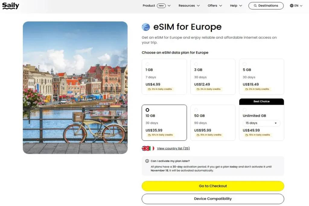 Saily Europe eSIM — plan list for EU/UK (35 countries); review screenshot (2025 guide)